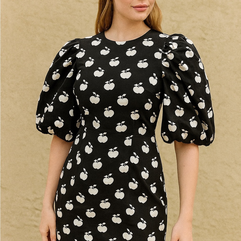 Kate Spade Black and‎ White Apple Print Midi Dress